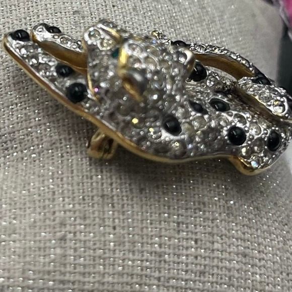 Panther Silver Gold Tone Rhinestones Black Cabochons Green Eye Brooch - Picture 7 of 16